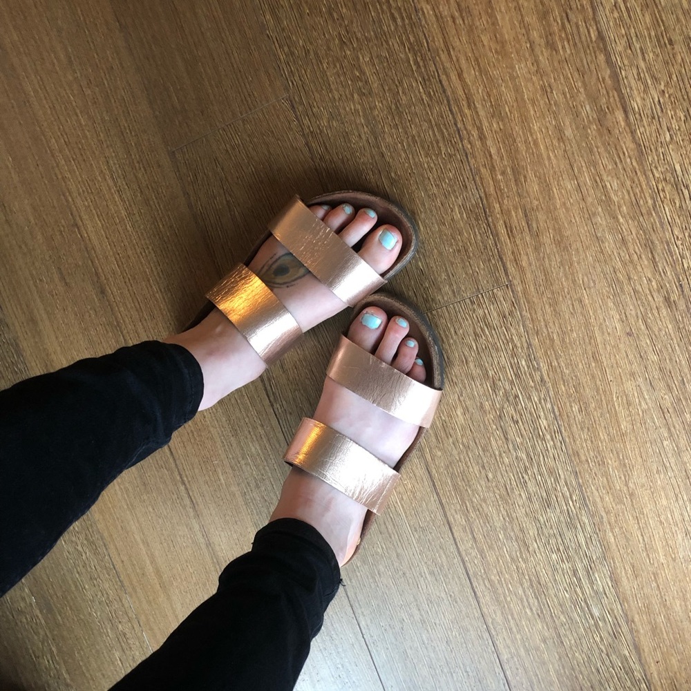 Italian made rose gold leather and cork strappy sandals/slides